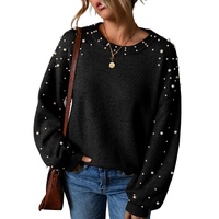 Black Pearled Drop Shoulder Round Neck Sweater - M thumbnail