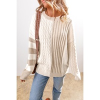 Khaki Cable Knit Colorblock Crew Neck Drop Shoulder Sweater - L thumbnail