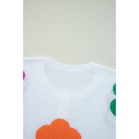 White Floral Print Buttoned Loose Lightweight Sweater - L thumbnail