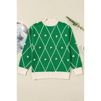 Dark Green Diamond Pattern Pom Accents Contrast Trim High Neck Sweater - S thumbnail