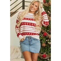 White Western Geometric Patterned Crew Neck Loose Sweater - L thumbnail