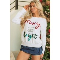White Tinsel Merry and Bright Graphic Christmas Sweater - S thumbnail
