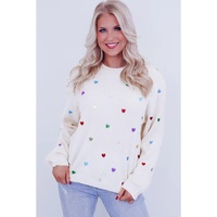 Beige Sequin Heart Shape Waffle Knit Round Neck Sweater - L thumbnail