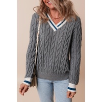 Medium Grey Color Contrast Ribbed Edge Cable Knit V Neck Sweater - 2XL thumbnail
