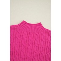 Rose Red Solid Cable Knit High Neck Drop Shoulder Sweater - M thumbnail