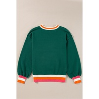 Blackish Green Colorblock Striped Trim Drop Shoulder Sweater - L thumbnail