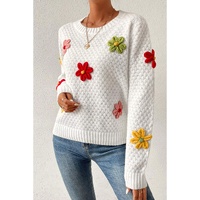 White Colorful Flower Applique Textured Knit Sweater - M thumbnail