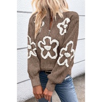 Parchment Contrast Flower Half Zipper Stand Neck Sweater - L thumbnail