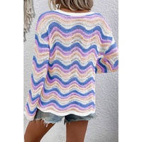 Purple Stripe Wavy Pointelle Knit Drop Shoulder Sweater - M thumbnail