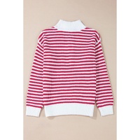 Pink Stripe Zip up Collar Drop Shoulder Sweater - L thumbnail