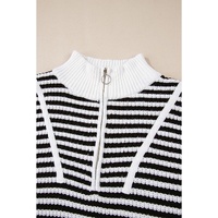 Black Stripe Zip up Collar Drop Shoulder Sweater - S thumbnail