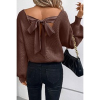 Coffee Lantern Sleeve V Neck Knot Back Sweater - L thumbnail