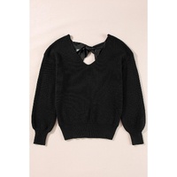 Black Lantern Sleeve V Neck Knot Back Sweater - L thumbnail