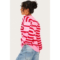 Pink Stripe Bubble Sleeve Drop Shoulder Ribbed Trim Sweater - L thumbnail