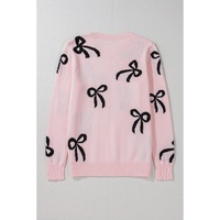 Light Pink Bow Pattern Knitted Loose Fit Sweater - L thumbnail
