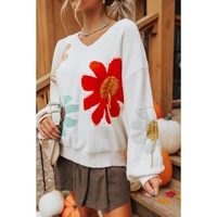 White Big Flower Pattern V Neck Drop Shoulder Sweater - S thumbnail