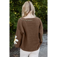 Coffee Big Flower Pattern V Neck Drop Shoulder Sweater - L thumbnail