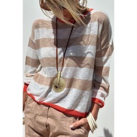 Apricot Colorblock Striped Round Neck Drop Shoulder Sweater - L thumbnail