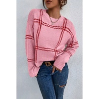 Pink Plaid Pattern Knitted Drop Shoulder Sweater - XL thumbnail
