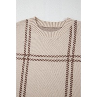 Khaki Plaid Pattern Knitted Drop Shoulder Sweater - L thumbnail