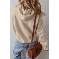 Beige Solid Color Drawstring Hooded Drop Shoulder Pullover Sweater - L thumbnail