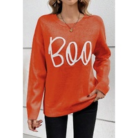 Orange Boo Knitted Pattern Ribbed Edge Drop Shoulder Sweater - S thumbnail