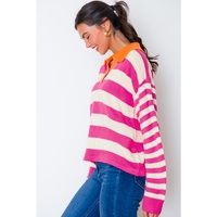 Rose Stripe Color Block Collared V Neck Drop Shoulder Sweater - L thumbnail