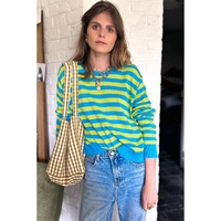 Green Stripe Crew Neck Drop Shoulder Casual Sweater - M thumbnail