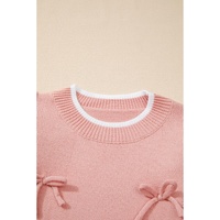 Light Pink Ruffled Bowknot Ribbed Trim Long Sleeve Sweater - L thumbnail