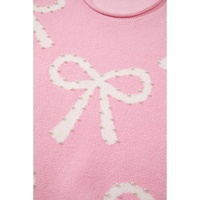 Pink Pearl Beaded Bowknot Pattern Distressed Split Hem Sweater - L thumbnail
