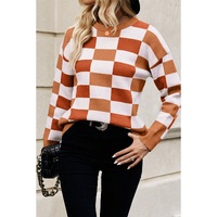 Orange Checkered Ribbed Edge O Neck Drop Shoulder Sweater - L thumbnail