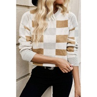 Khaki Checkered Ribbed Edge O Neck Drop Shoulder Sweater - L thumbnail