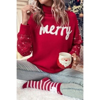 Racing Red Merry Graphic Sequin Sleeve Turtleneck Sweater - S thumbnail