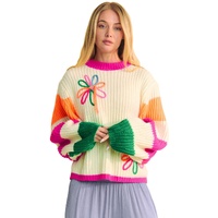 Beige Colorblock Flower Print Cable Knit Loose Sweater - L thumbnail