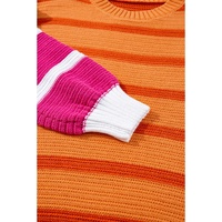 Orange Stripe Colorblock Crew Neck Drop Shoulder Loose Sweater - L thumbnail