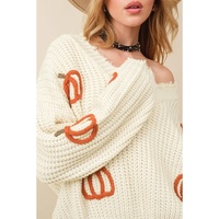 Beige Cable Knit Pumpkin Raw Hem V Neck Loose Sweater - S thumbnail