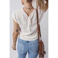 White Eyelet Knit Tied Back Short Sleeve Sweater - L thumbnail
