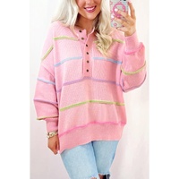 Pink Rainbow Stripes Drop Shoulder Baggy Henley Sweater - S thumbnail