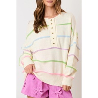 White Rainbow Stripes Drop Shoulder Baggy Henley Sweater - S thumbnail