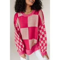 Rose Red Mixed Checkered Pattern Drop Shoulder Loose Sweater - M thumbnail