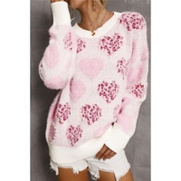 Pink Heart Leopard Print Pearled Ribbed Trim Fuzzy Sweater - L thumbnail