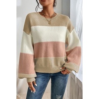 Dusty Pink Color Block Lantern Sleeve Drop Shoulder Sweater - L thumbnail