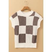 Khaki Checkered Color Block Crew Neck Short Sleeve Sweater - L thumbnail