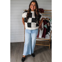 Black Checkered Color Block Crew Neck Short Sleeve Sweater - M thumbnail