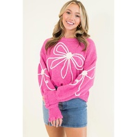 Bright Pink Corded Flower Bow Ribbed Trim Casual Sweater - S thumbnail