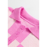 Pink Checkerboard Half Button Collared Drop Shoulder Sweater - S thumbnail