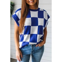 Dark Blue Cherckerboard Round Neck Sweater Vest - M thumbnail