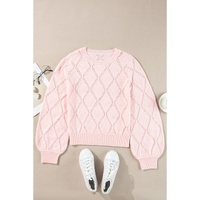 Gossamer Pink Openwork Plaid Puff Sleeve Cropped Sweater - L thumbnail