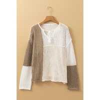 Brown Colorblock Hollow-out Front Tie V Neck Lightweight Sweater - L thumbnail