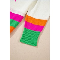 White Star Pattern Colorblock Striped Edge Drop Shoulder Sweater - M thumbnail